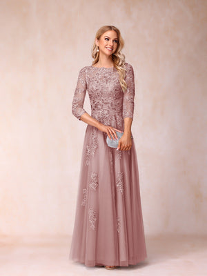 A-Line/Princess Sheer Neck Half Sleeves Long Formal Evening Dresses with Beading & Appliques