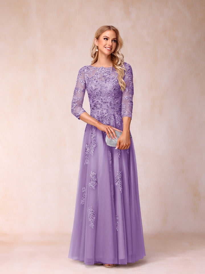 A-Line/Princess Sheer Neck Half Sleeves Long Formal Evening Dresses with Beading &amp; Appliques