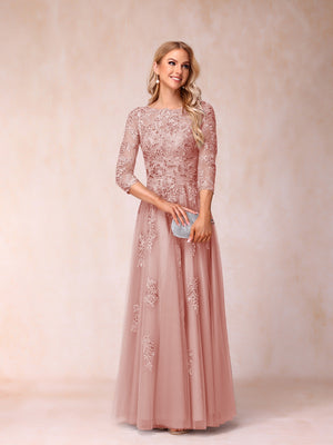 A-Line/Princess Sheer Neck Half Sleeves Long Formal Evening Dresses with Beading & Appliques