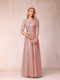 A-Line/Princess Sheer Neck Half Sleeves Long Formal Evening Dresses with Beading & Appliques