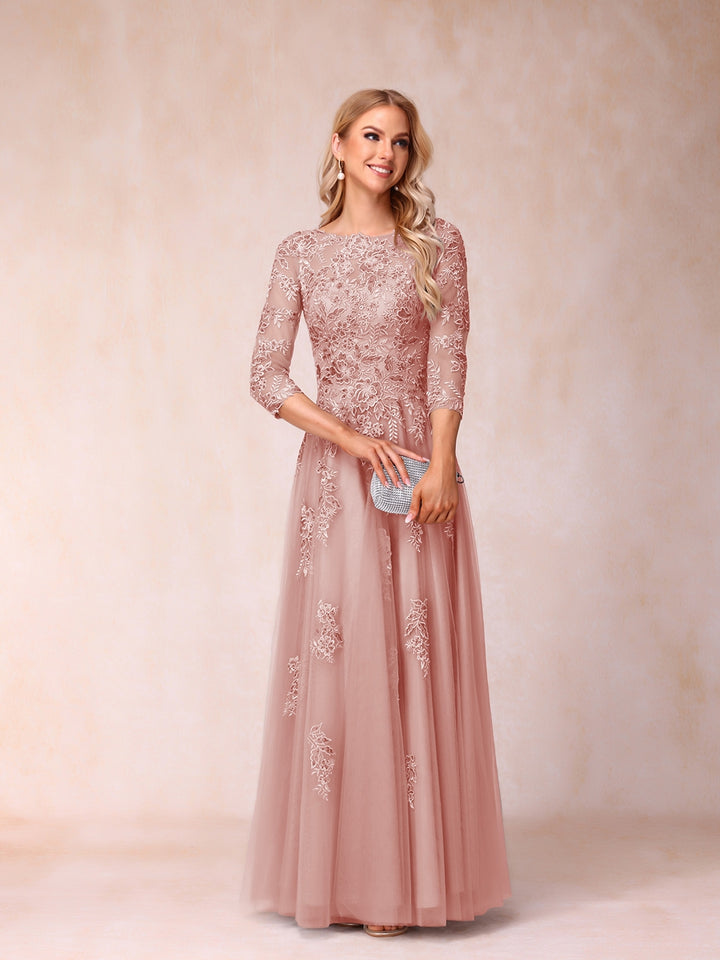 A-Line/Princess Sheer Neck Half Sleeves Long Formal Evening Dresses with Beading &amp; Appliques