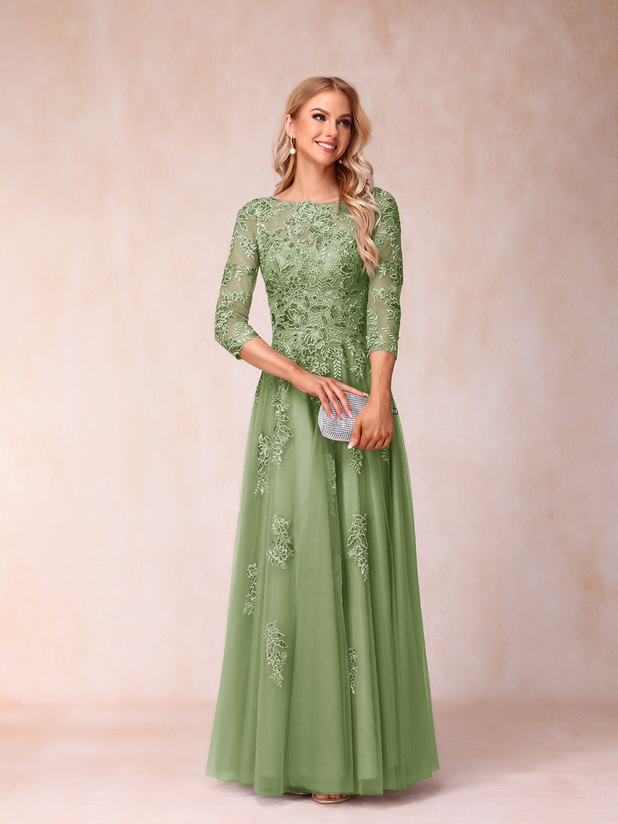 A-Line/Princess Sheer Neck Half Sleeves Long Formal Evening Dresses with Beading &amp; Appliques