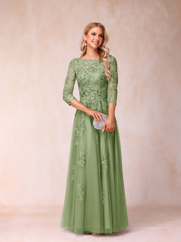 A-Line/Princess Sheer Neck Half Sleeves Long Formal Evening Dresses with Beading & Appliques