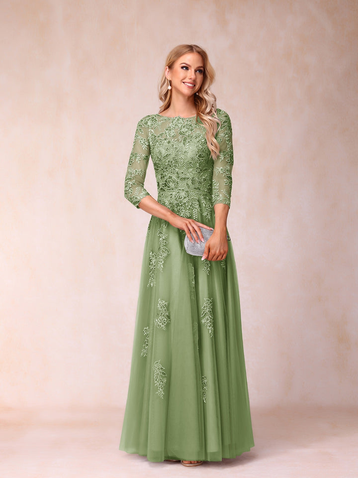 A-Line/Princess Sheer Neck Half Sleeves Long Formal Evening Dresses with Beading &amp; Appliques