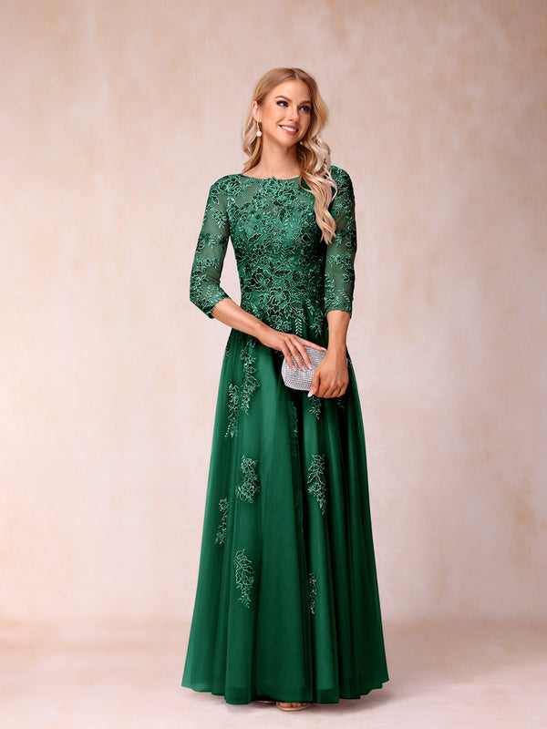 A-Line/Princess Sheer Neck Half Sleeves Long Formal Evening Dresses with Beading & Appliques