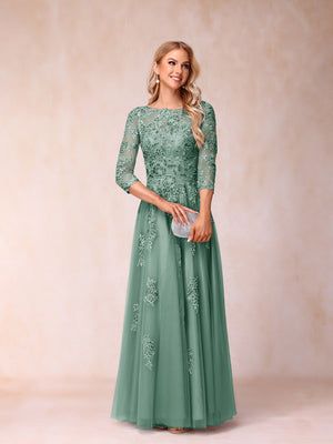 A-Line/Princess Sheer Neck Half Sleeves Long Formal Evening Dresses with Beading & Appliques