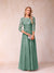 A-Line/Princess Sheer Neck Half Sleeves Long Formal Evening Dresses with Beading & Appliques