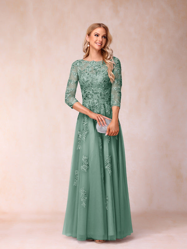 A-Line/Princess Sheer Neck Half Sleeves Long Formal Evening Dresses with Beading & Appliques