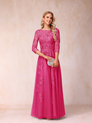 A-Line/Princess Sheer Neck Half Sleeves Long Formal Evening Dresses with Beading & Appliques