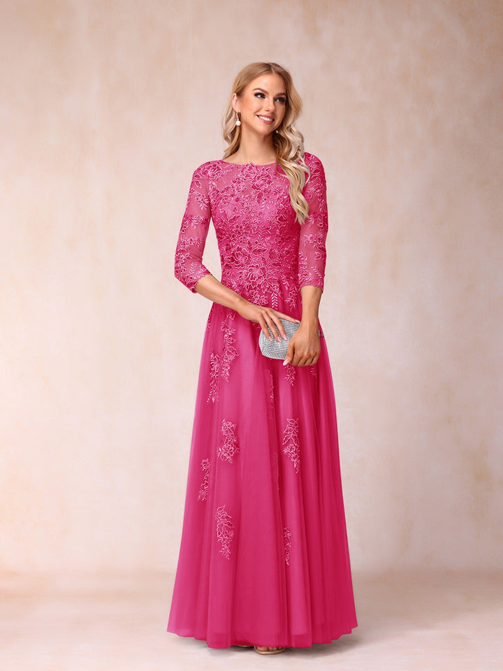 A-Line/Princess Sheer Neck Half Sleeves Long Formal Evening Dresses with Beading &amp; Appliques