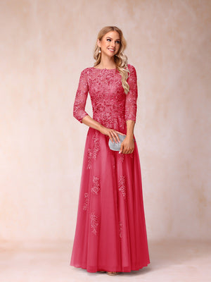 A-Line/Princess Sheer Neck Half Sleeves Long Formal Evening Dresses with Beading & Appliques