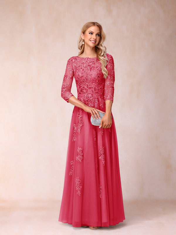 A-Line/Princess Sheer Neck Half Sleeves Long Formal Evening Dresses with Beading & Appliques