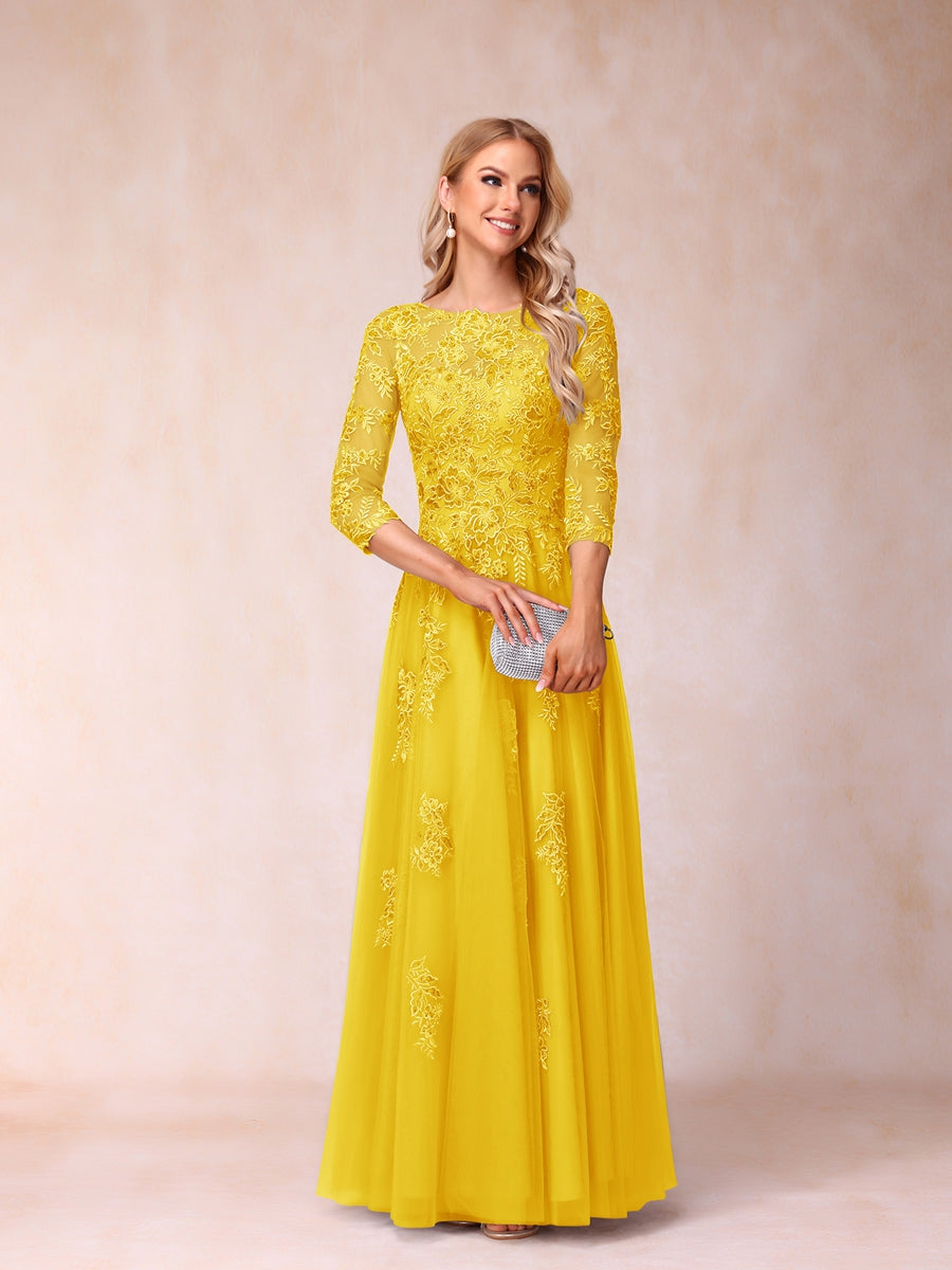 A-Line/Princess Sheer Neck Half Sleeves Long Formal Evening Dresses with Beading &amp; Appliques