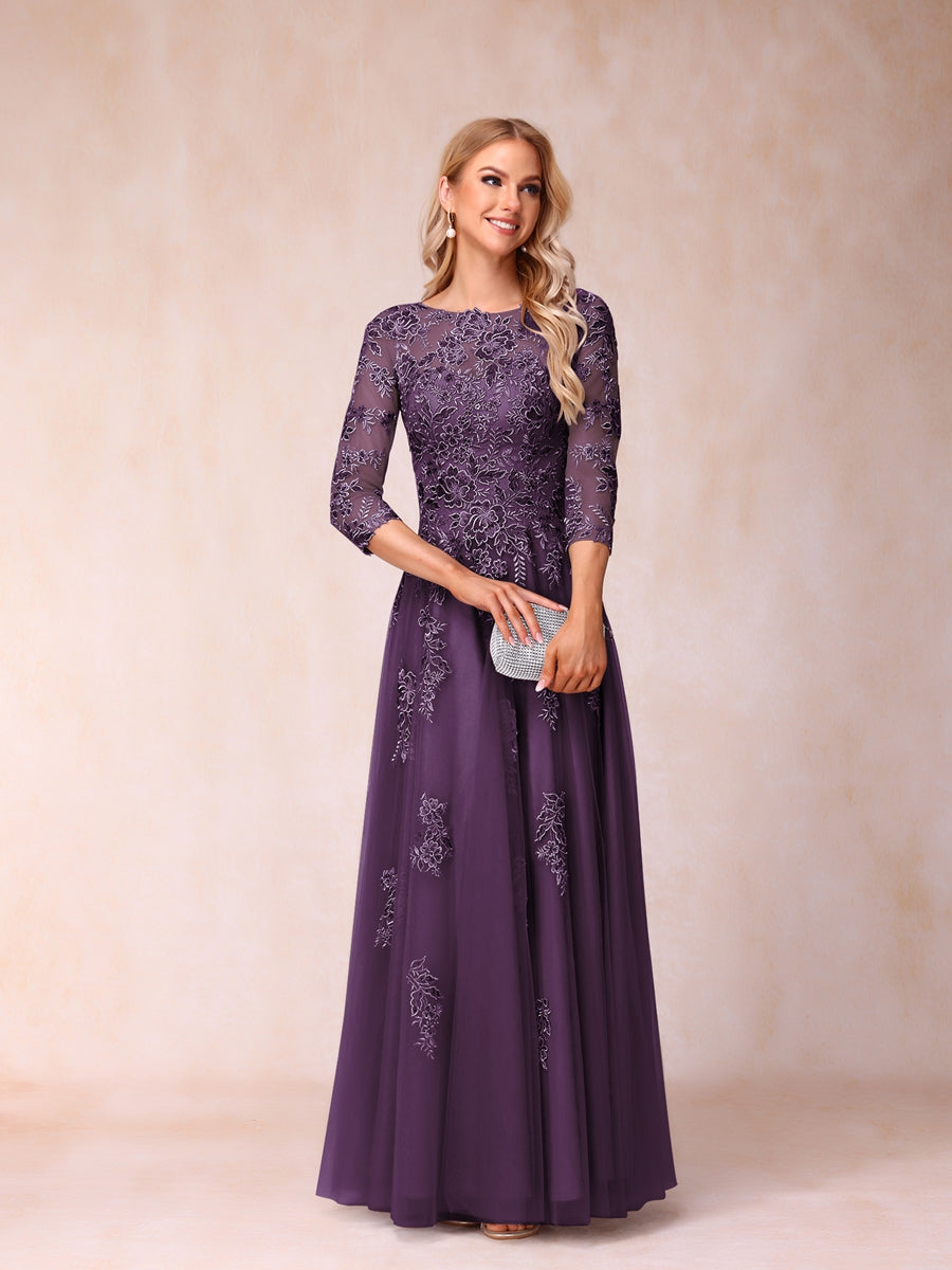 A-Line/Princess Sheer Neck Half Sleeves Long Formal Evening Dresses with Beading &amp; Appliques