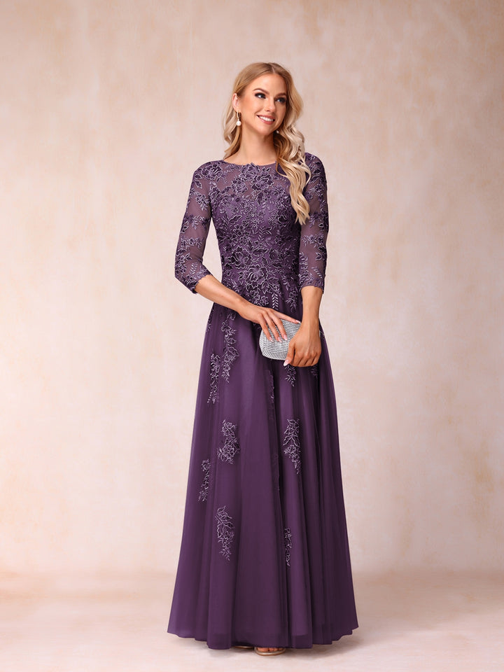 A-Line/Princess Sheer Neck Half Sleeves Long Formal Evening Dresses with Beading &amp; Appliques