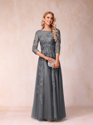 A-Line/Princess Sheer Neck Half Sleeves Long Formal Evening Dresses with Beading & Appliques