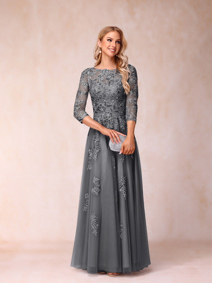 A-Line/Princess Sheer Neck Half Sleeves Long Formal Evening Dresses with Beading &amp; Appliques