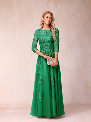 A-Line/Princess Sheer Neck Half Sleeves Long Formal Evening Dresses with Beading & Appliques