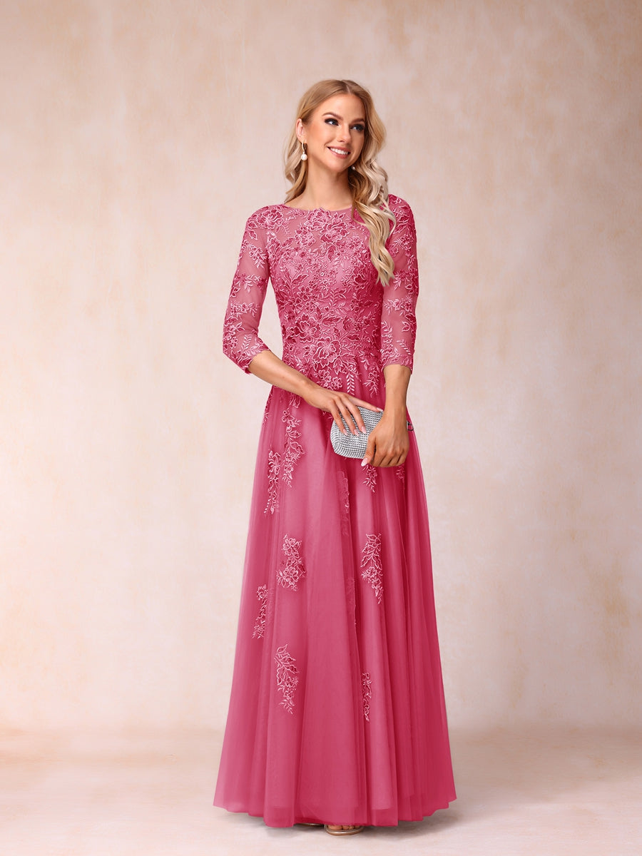 A-Line/Princess Sheer Neck Half Sleeves Long Formal Evening Dresses with Beading &amp; Appliques