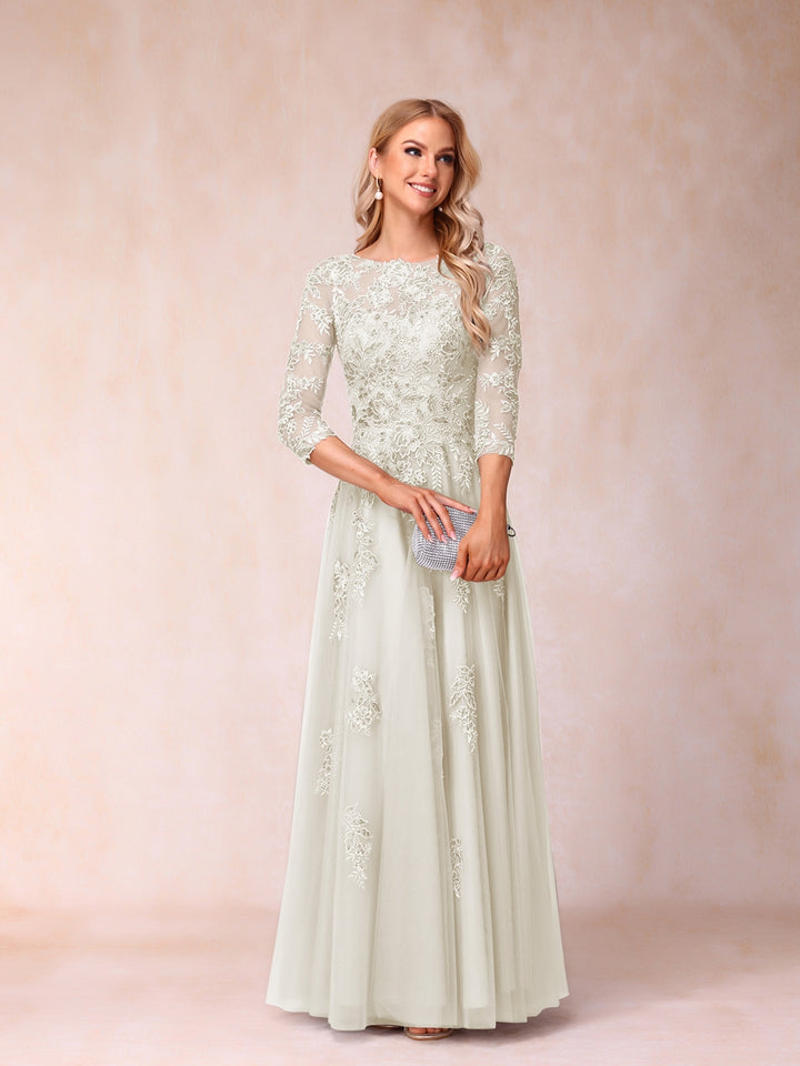 A-Line/Princess Sheer Neck Half Sleeves Long Formal Evening Dresses with Beading &amp; Appliques