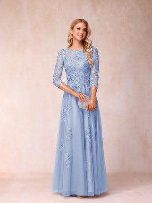 A-Line/Princess Sheer Neck Half Sleeves Long Formal Evening Dresses with Beading & Appliques