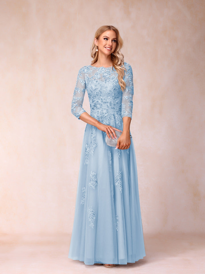 A-Line/Princess Sheer Neck Half Sleeves Long Formal Evening Dresses with Beading &amp; Appliques
