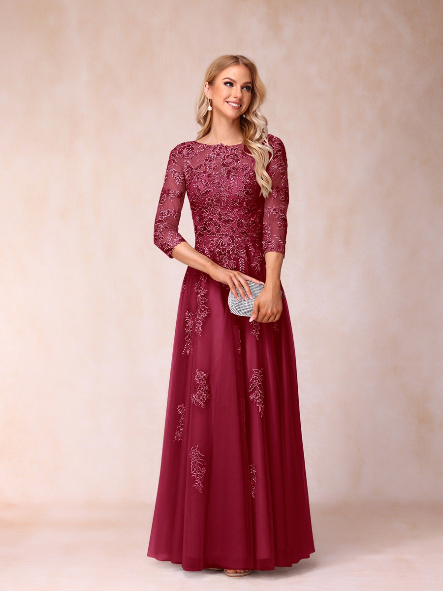 A-Line/Princess Sheer Neck Half Sleeves Long Formal Evening Dresses with Beading &amp; Appliques
