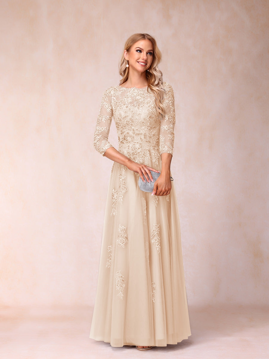 A-Line/Princess Sheer Neck Half Sleeves Long Formal Evening Dresses with Beading &amp; Appliques