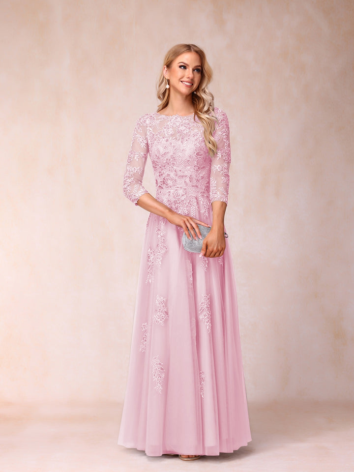 A-Line/Princess Sheer Neck Half Sleeves Long Formal Evening Dresses with Beading &amp; Appliques