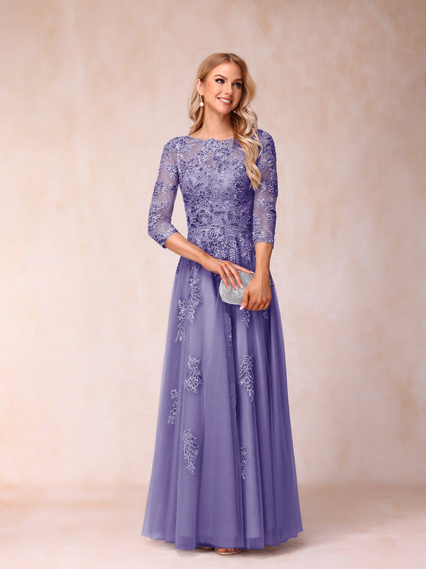 A-Line/Princess Sheer Neck Half Sleeves Long Formal Evening Dresses with Beading & Appliques