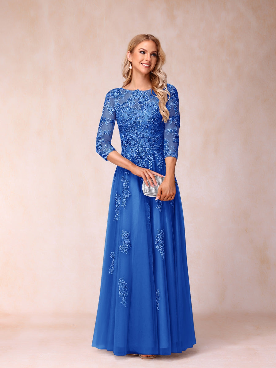 A-Line/Princess Sheer Neck Half Sleeves Long Formal Evening Dresses with Beading &amp; Appliques