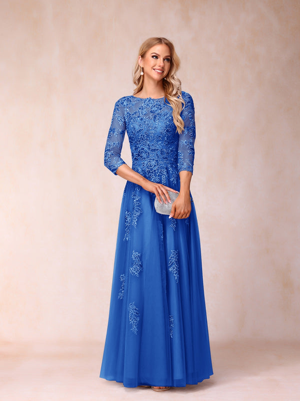 A-Line/Princess Sheer Neck Half Sleeves Long Formal Evening Dresses with Beading & Appliques