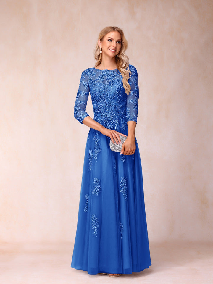 A-Line/Princess Sheer Neck Half Sleeves Long Formal Evening Dresses with Beading &amp; Appliques