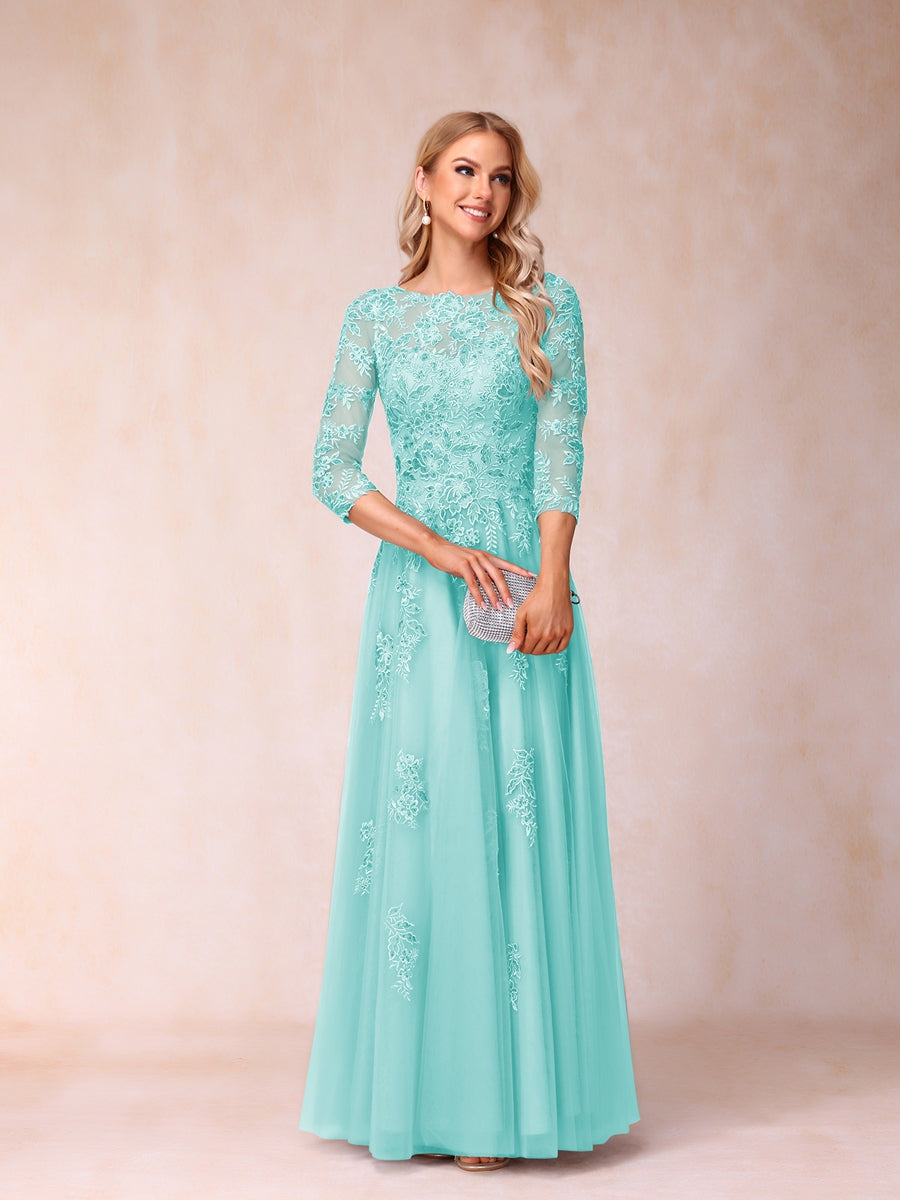 A-Line/Princess Sheer Neck Half Sleeves Long Formal Evening Dresses with Beading &amp; Appliques
