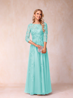 A-Line/Princess Sheer Neck Half Sleeves Long Formal Evening Dresses with Beading & Appliques