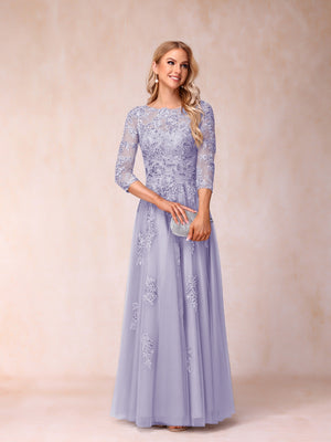 A-Line/Princess Sheer Neck Half Sleeves Long Formal Evening Dresses with Beading & Appliques