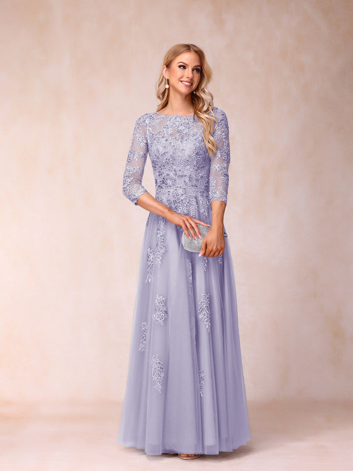 A-Line/Princess Sheer Neck Half Sleeves Long Formal Evening Dresses with Beading &amp; Appliques