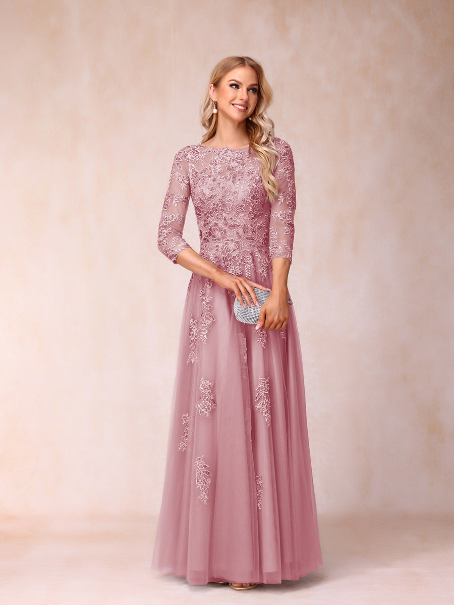 Lavetir Mauve A-Line/Princess Sheer Neck Half Sleeves Long Formal Evening Dresses with Beading & Appliques 2026