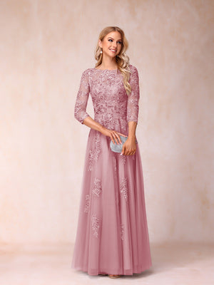 A-Line/Princess Sheer Neck Half Sleeves Long Formal Evening Dresses with Beading & Appliques