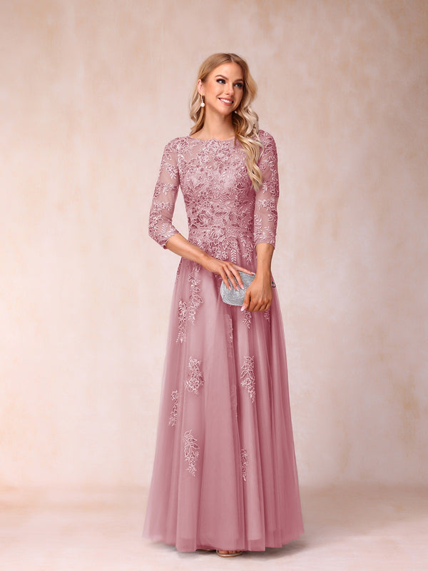 A-Line/Princess Sheer Neck Half Sleeves Long Formal Evening Dresses with Beading & Appliques