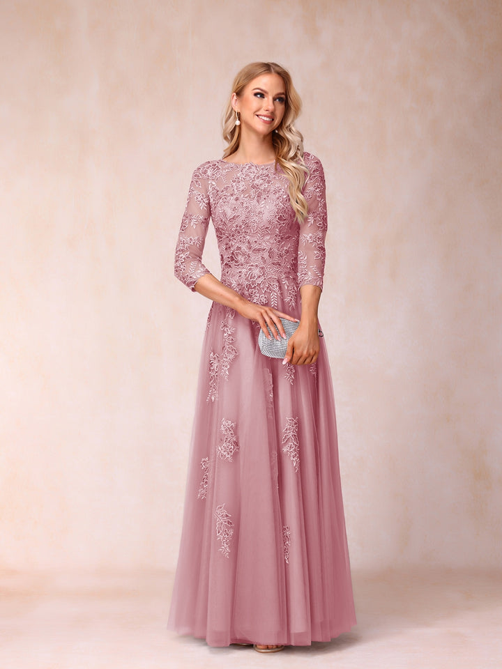 A-Line/Princess Sheer Neck Half Sleeves Long Formal Evening Dresses with Beading &amp; Appliques