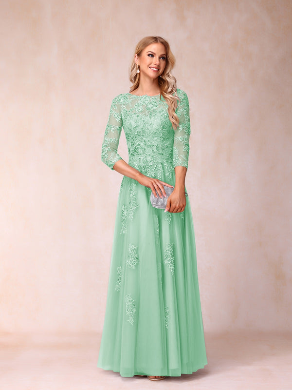 A-Line/Princess Sheer Neck Half Sleeves Long Formal Evening Dresses with Beading & Appliques