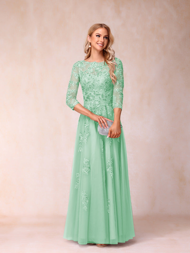 A-Line/Princess Sheer Neck Half Sleeves Long Formal Evening Dresses with Beading &amp; Appliques