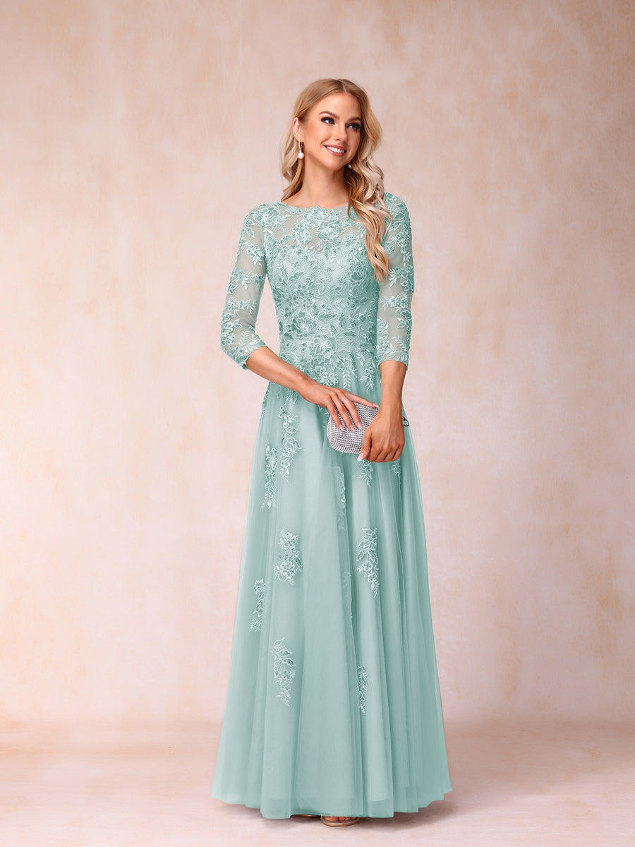 A-Line/Princess Sheer Neck Half Sleeves Long Formal Evening Dresses with Beading &amp; Appliques