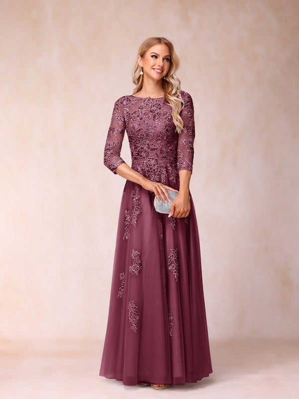 A-Line/Princess Sheer Neck Half Sleeves Long Formal Evening Dresses with Beading & Appliques