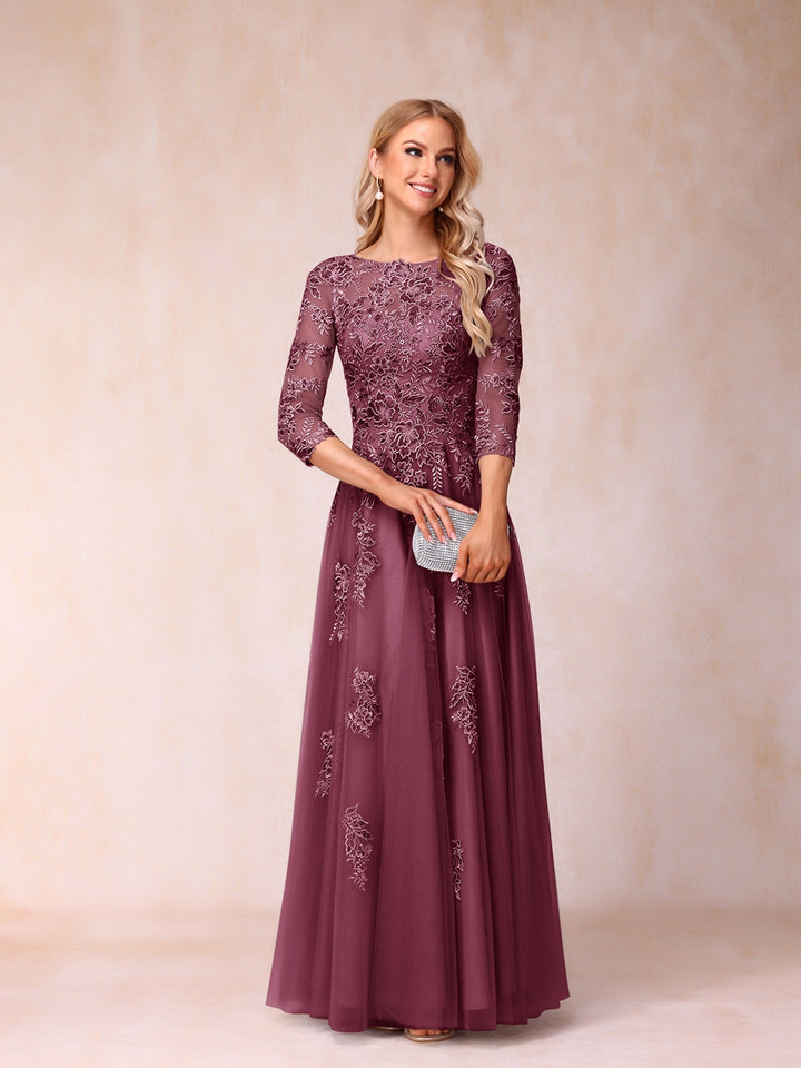 A-Line/Princess Sheer Neck Half Sleeves Long Formal Evening Dresses with Beading &amp; Appliques