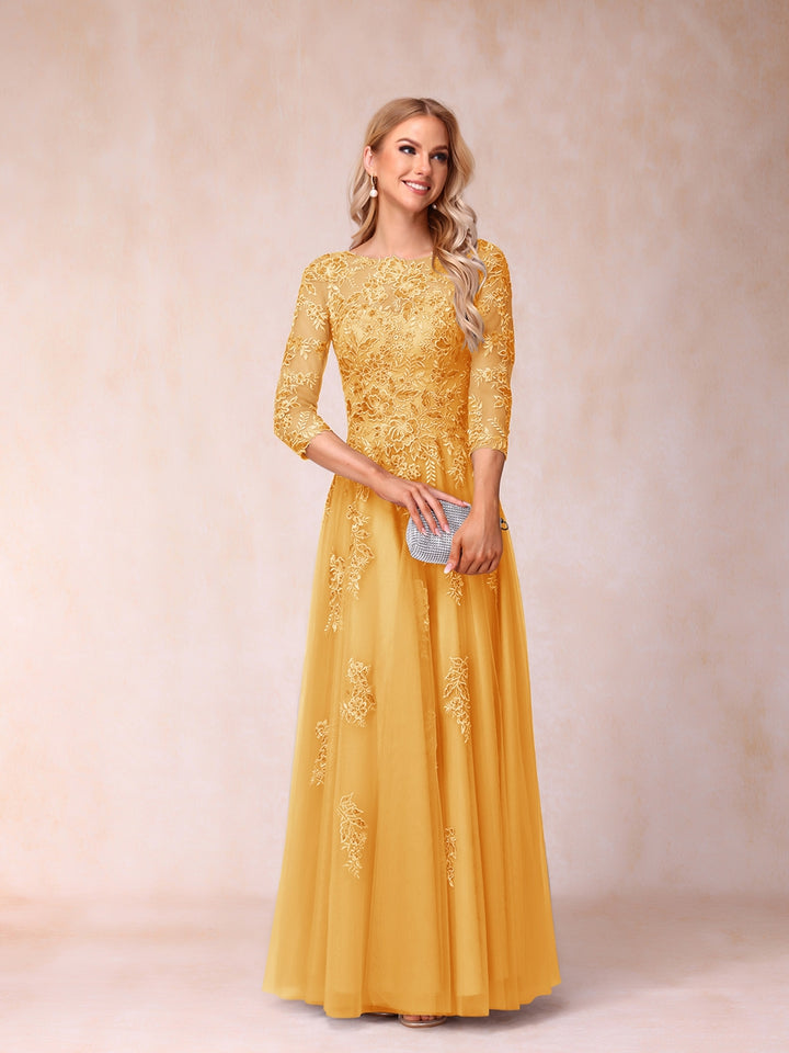 A-Line/Princess Sheer Neck Half Sleeves Long Formal Evening Dresses with Beading &amp; Appliques