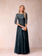 A-Line/Princess Sheer Neck Half Sleeves Long Formal Evening Dresses with Beading & Appliques