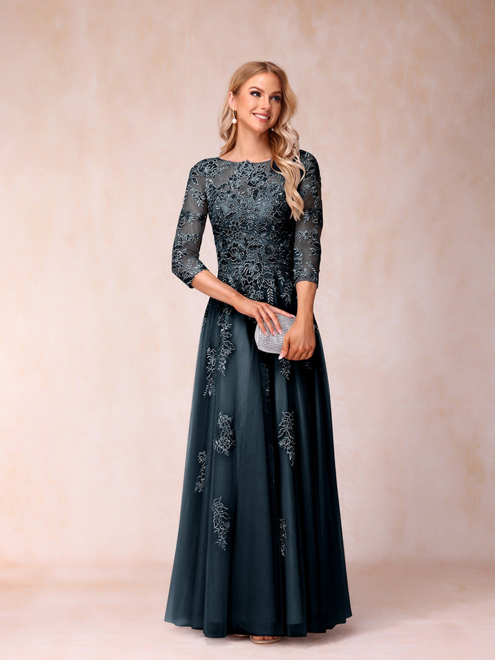 A-Line/Princess Sheer Neck Half Sleeves Long Formal Evening Dresses with Beading &amp; Appliques