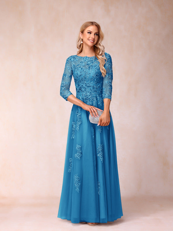 A-Line/Princess Sheer Neck Half Sleeves Long Formal Evening Dresses with Beading & Appliques
